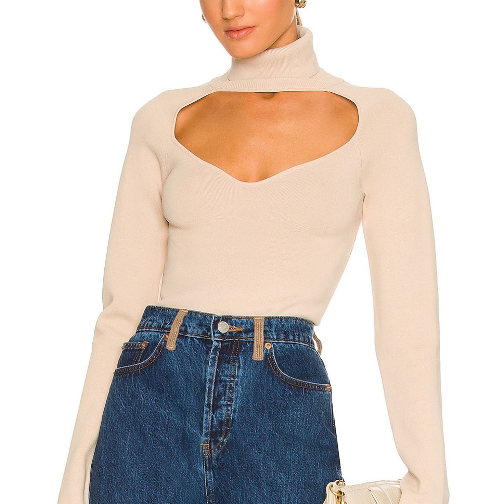 Nanushka Fah Cut-Out Knit Light Beige Turtleneck Top Small
